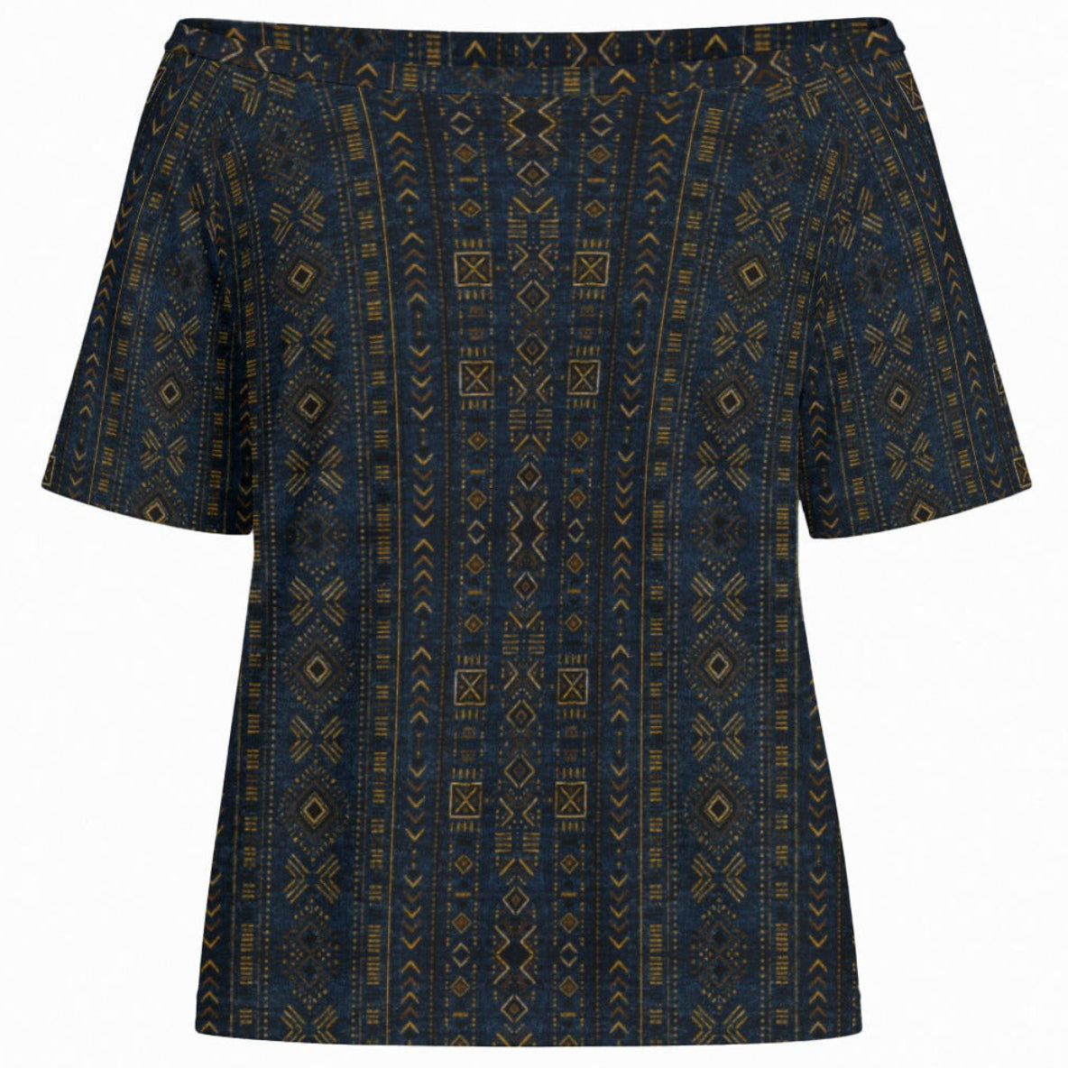 Shop the Teddy Blaze Mud of Indigo Off-the-Shoulder Tee, featuring an indigo-and-gold mudcloth-inspired print, relaxed fit and soft stretch fabric.