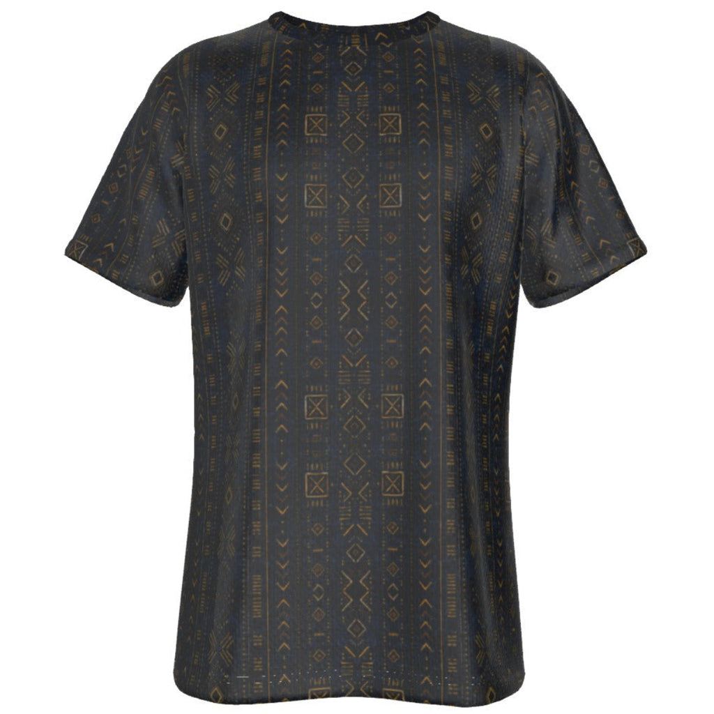 Shop the Teddy Blaze Mud of Indigo Tee, a lightweight men's crewneck featuring an indigo-and-gold mudcloth-inspired all-over print in sizes XS–6XL.