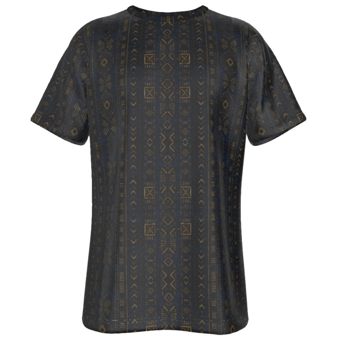 Shop the Teddy Blaze Mud of Indigo Tee, a lightweight men's crewneck featuring an indigo-and-gold mudcloth-inspired all-over print in sizes XS–6XL.