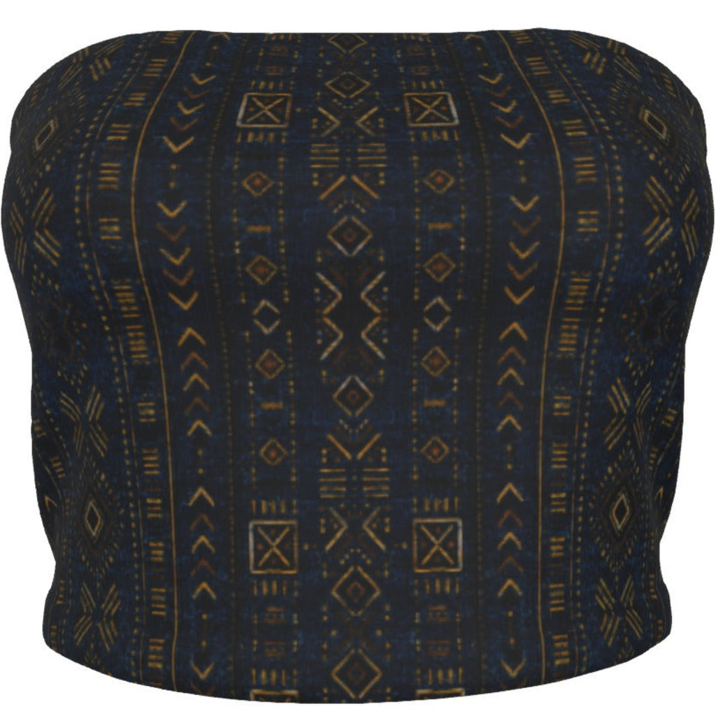 Shop the Teddy Blaze Mud of Indigo™ Tube Top, a stretch strapless crop top featuring deep indigo and earthen-gold African-inspired patternwork.