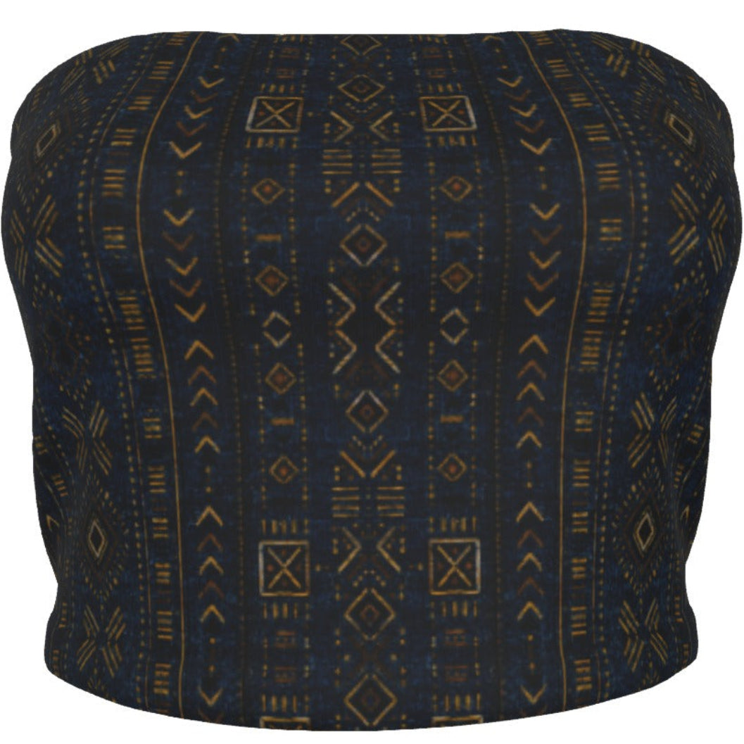 Shop the Teddy Blaze Mud of Indigo™ Tube Top, a stretch strapless crop top featuring deep indigo and earthen-gold African-inspired patternwork.