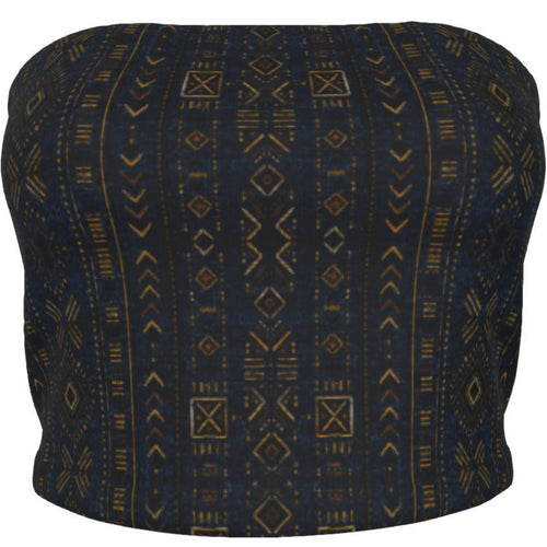 Shop the Teddy Blaze Mud of Indigo™ Tube Top, a stretch strapless crop top featuring deep indigo and earthen-gold African-inspired patternwork.