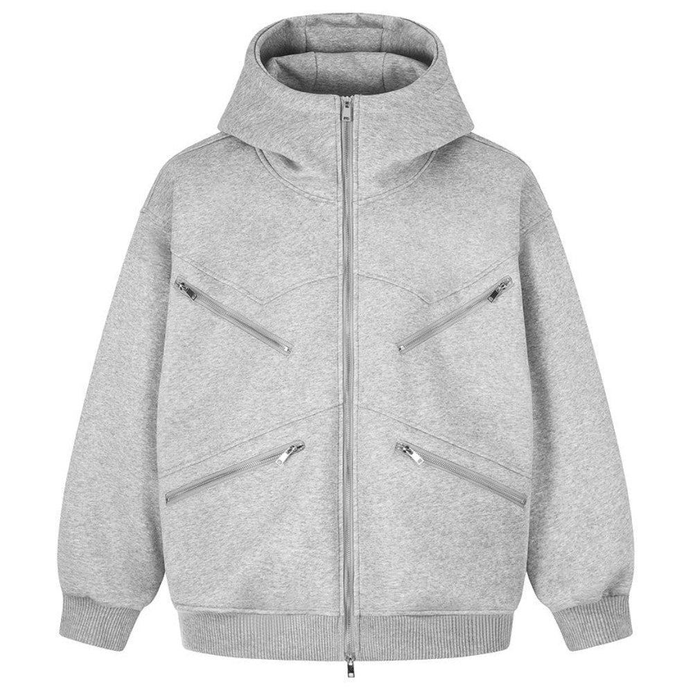Elevate your utility outerwear with the House of Teddy Blaze Multi-Zip Funnel Neck Fleece Hoodie. Heather grey cotton-blend fleece, high funnel neck hood, two-way zipper, and angled zip pockets. Shop NYC to Vegas style.