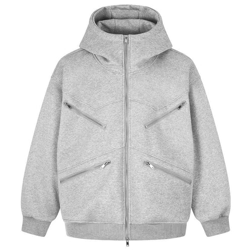 Elevate your utility outerwear with the House of Teddy Blaze Multi-Zip Funnel Neck Fleece Hoodie. Heather grey cotton-blend fleece, high funnel neck hood, two-way zipper, and angled zip pockets. Shop NYC to Vegas style.