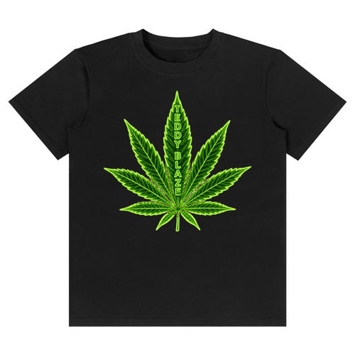 Shop the Neon Haze Classic Tee by Teddy Blaze. 180 GSM cotton-spandex stretch tee with electric neon leaf graphic from the TOPS line of The Mature Mocha Collection.