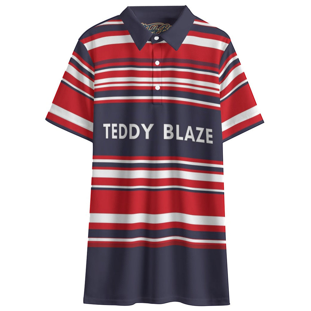 Shop the NYC Signature Striped Short Golf Polo by Teddy Blaze. 145 GSM navy, red & white striped performance polo with block typography from TEDDY FORE!.