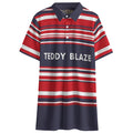 Shop the NYC Signature Striped Short Golf Polo by Teddy Blaze. 145 GSM navy, red & white striped performance polo with block typography from TEDDY FORE!.