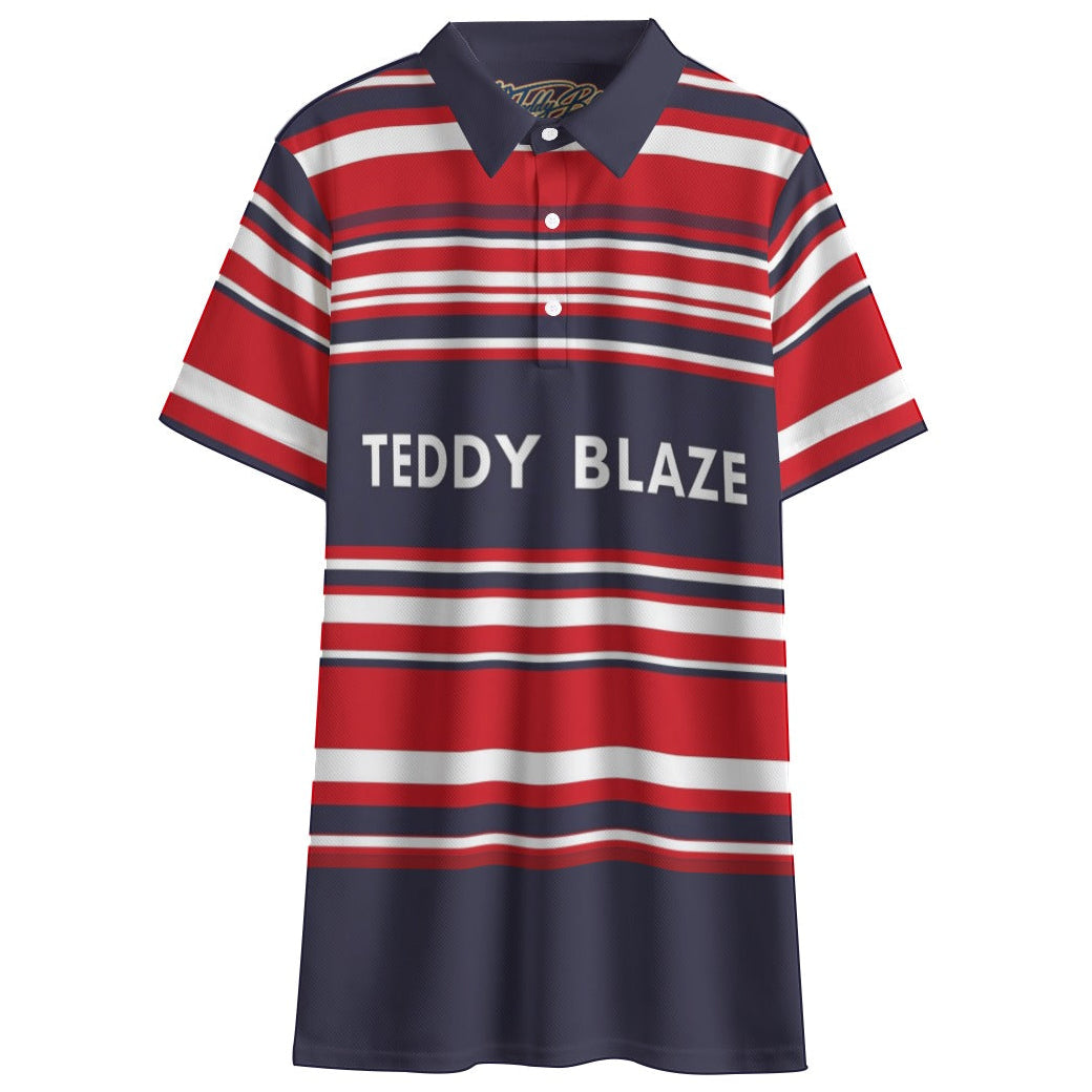 Shop the NYC Signature Striped Short Golf Polo by Teddy Blaze. 145 GSM navy, red & white striped performance polo with block typography from TEDDY FORE!.