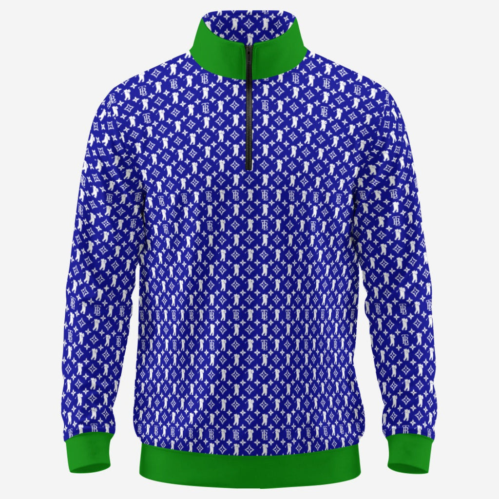 Shop the Iron + Ivy Ocean Cachet Contrast Trim Quarter Zip by Teddy Blaze. Performance 230 GSM stretch quarter-zip pullover in royal blue with Kelly green contrast trim and all-over RIG-B monogram.