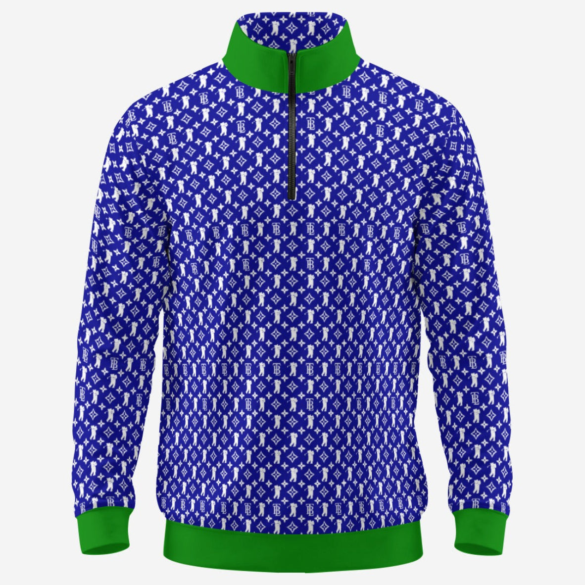 Shop the Iron + Ivy Ocean Cachet Contrast Trim Quarter Zip by Teddy Blaze. Performance 230 GSM stretch quarter-zip pullover in royal blue with Kelly green contrast trim and all-over RIG-B monogram.