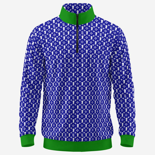 Shop the Iron + Ivy Ocean Cachet Contrast Trim Quarter Zip by Teddy Blaze. Performance 230 GSM stretch quarter-zip pullover in royal blue with Kelly green contrast trim and all-over RIG-B monogram.