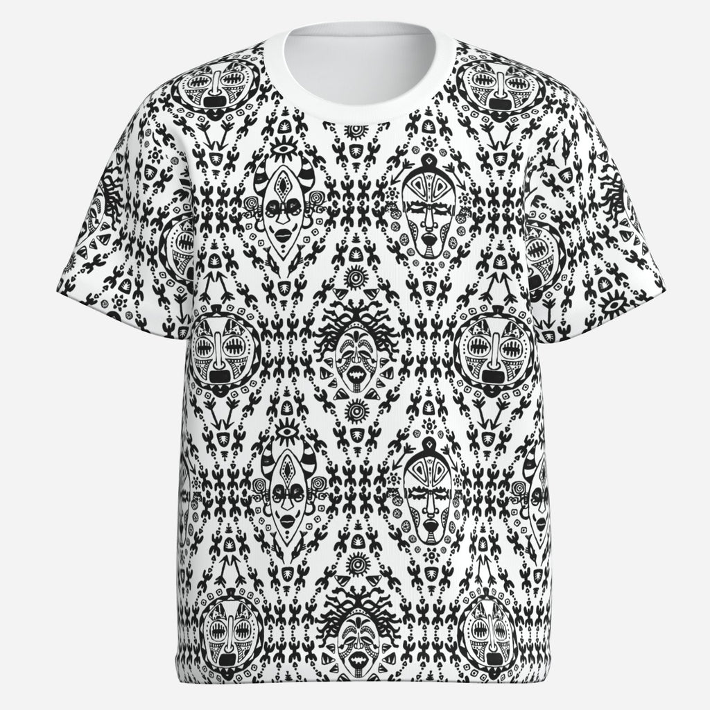 Kids’ Afrocentric graphic tee with black-and-white mask and symbolic artwork, breathable 170 GSM imitation cotton fabric and Teddy Blaze style.
