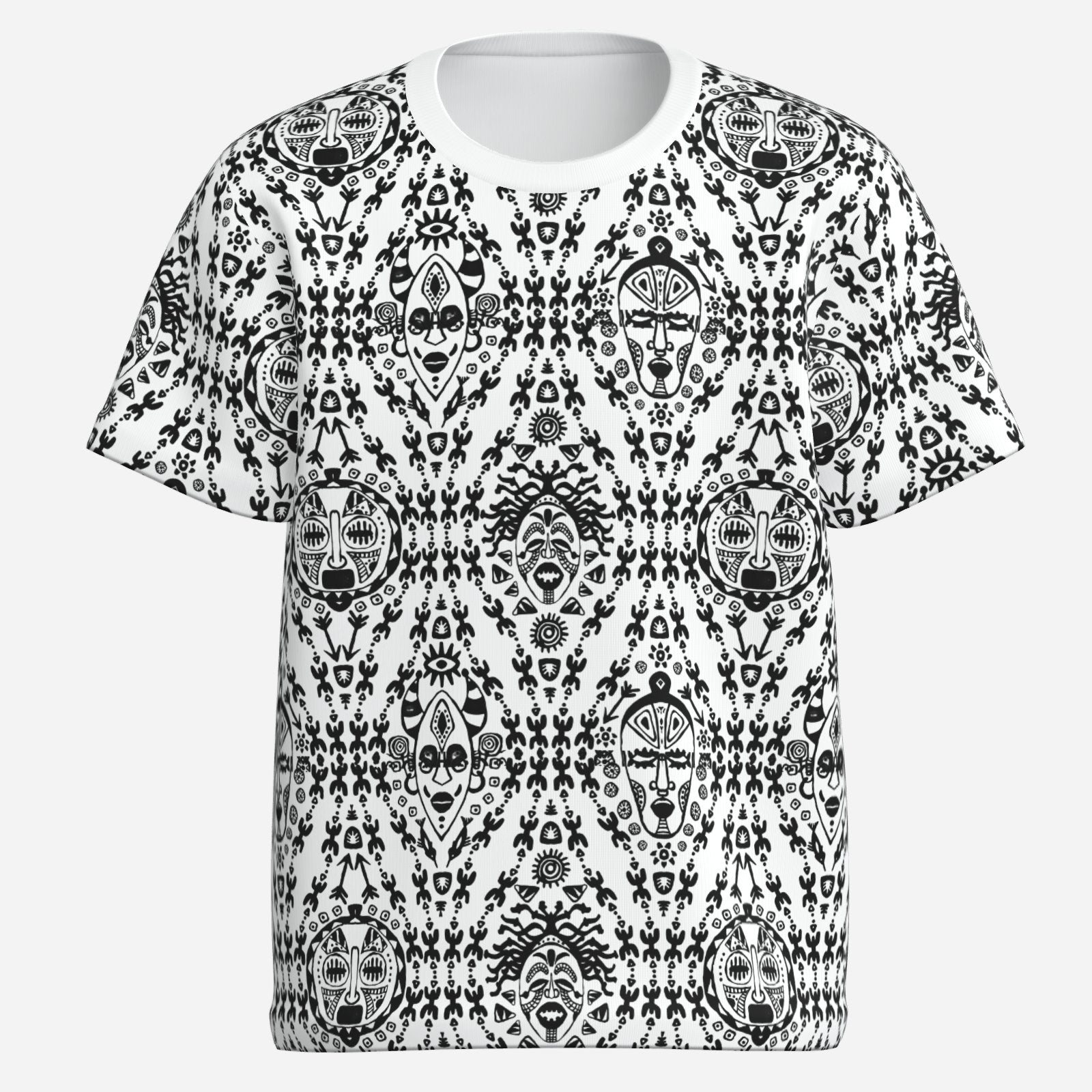 Kids’ Afrocentric graphic tee with black-and-white mask and symbolic artwork, breathable 170 GSM imitation cotton fabric and Teddy Blaze style.