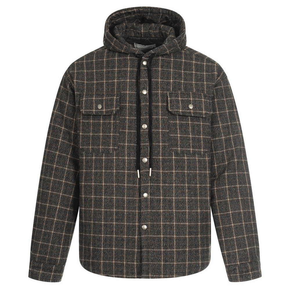 Elevate your cold-weather layering with the House of Teddy Blaze Padded Plaid Hooded Shirt Jacket. Dark brown plaid polyester shell, insulated fill, drawstring hood, and dual chest snap pockets. Shop NYC to Vegas style.