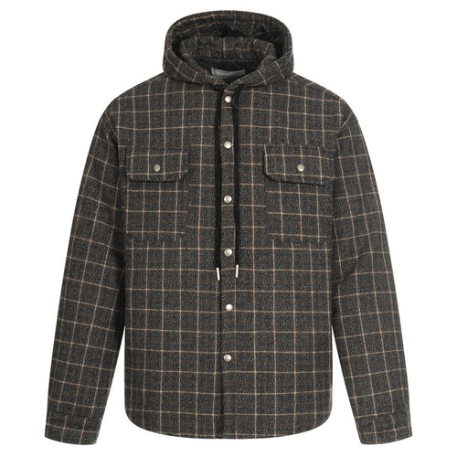 Elevate your cold-weather layering with the House of Teddy Blaze Padded Plaid Hooded Shirt Jacket. Dark brown plaid polyester shell, insulated fill, drawstring hood, and dual chest snap pockets. Shop NYC to Vegas style.