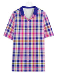 Shop the Iron + Ivy Papaya Blueberry Plaid Camp Shirt by Teddy Blaze. Short-sleeve resort button-down in lightweight poly-spandex featuring royal blue, papaya orange, and magenta plaid with a solid blue notch collar.