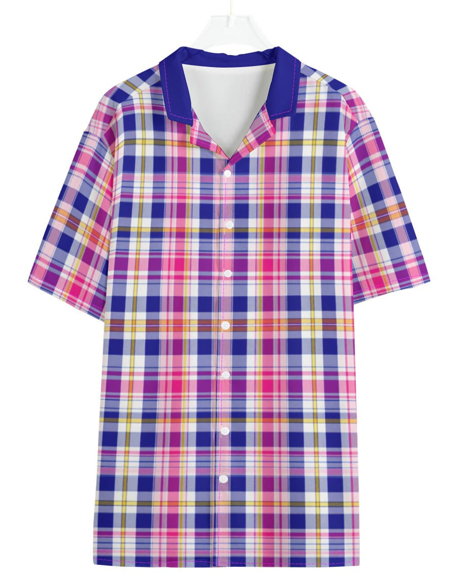 Shop the Iron + Ivy Papaya Blueberry Plaid Camp Shirt by Teddy Blaze. Short-sleeve resort button-down in lightweight poly-spandex featuring royal blue, papaya orange, and magenta plaid with a solid blue notch collar.