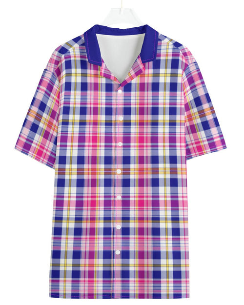 Shop the Iron + Ivy Papaya Blueberry Plaid Camp Shirt by Teddy Blaze. Short-sleeve resort button-down in lightweight poly-spandex featuring royal blue, papaya orange, and magenta plaid with a solid blue notch collar.