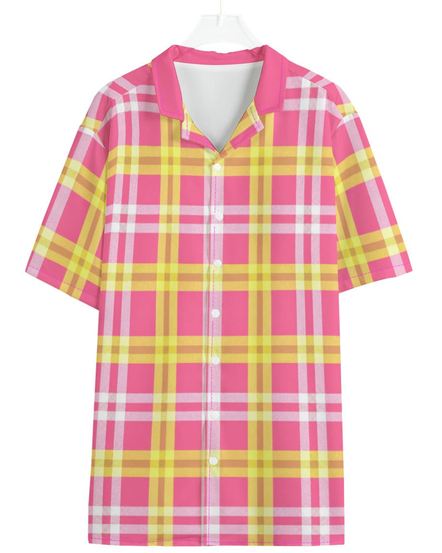 Shop the Iron + Ivy Passion Fruit Plaid Camp Shirt by Teddy Blaze. Lightweight short-sleeve resort button-down featuring a pink, yellow, and white plaid layout with a notch camp collar.