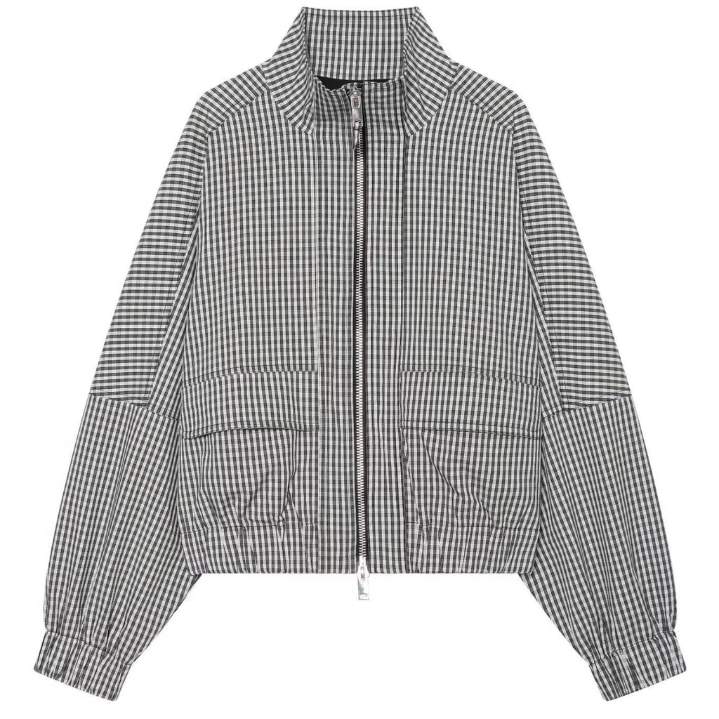 Shop the Iron + Ivy Patchwork Gingham Funnel Neck Zip Jacket by Teddy Blaze. Women’s grey micro-gingham cropped track jacket featuring multi-directional check panelling and a high stand collar.