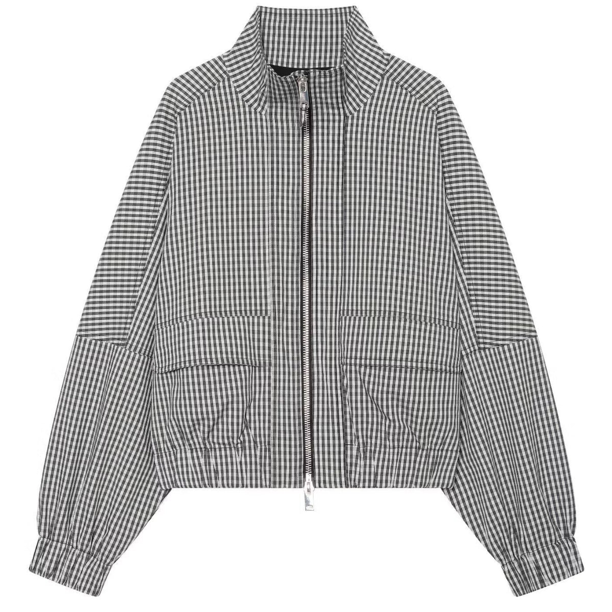 Shop the Iron + Ivy Patchwork Gingham Funnel Neck Zip Jacket by Teddy Blaze. Women’s grey micro-gingham cropped track jacket featuring multi-directional check panelling and a high stand collar.