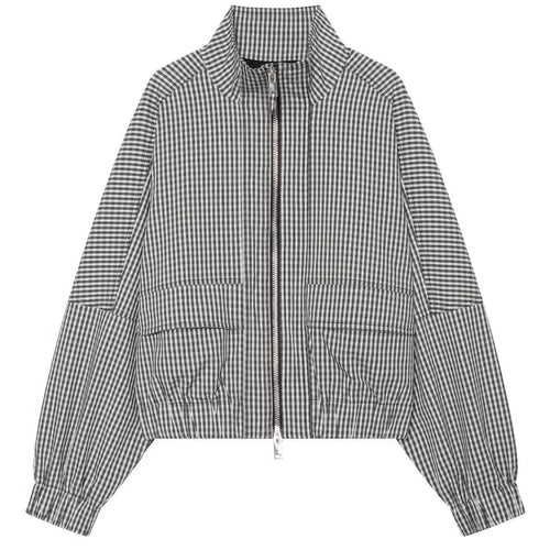 Shop the Iron + Ivy Patchwork Gingham Funnel Neck Zip Jacket by Teddy Blaze. Women’s grey micro-gingham cropped track jacket featuring multi-directional check panelling and a high stand collar.