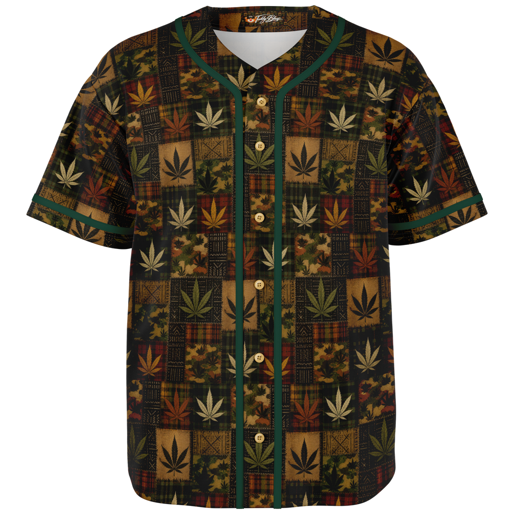 Shop the Teddy Blaze Patchwork Kush Baseball Jersey with cannabis botanicals, tartan, camo and mudcloth-inspired patchwork in breathable 230gsm knit.