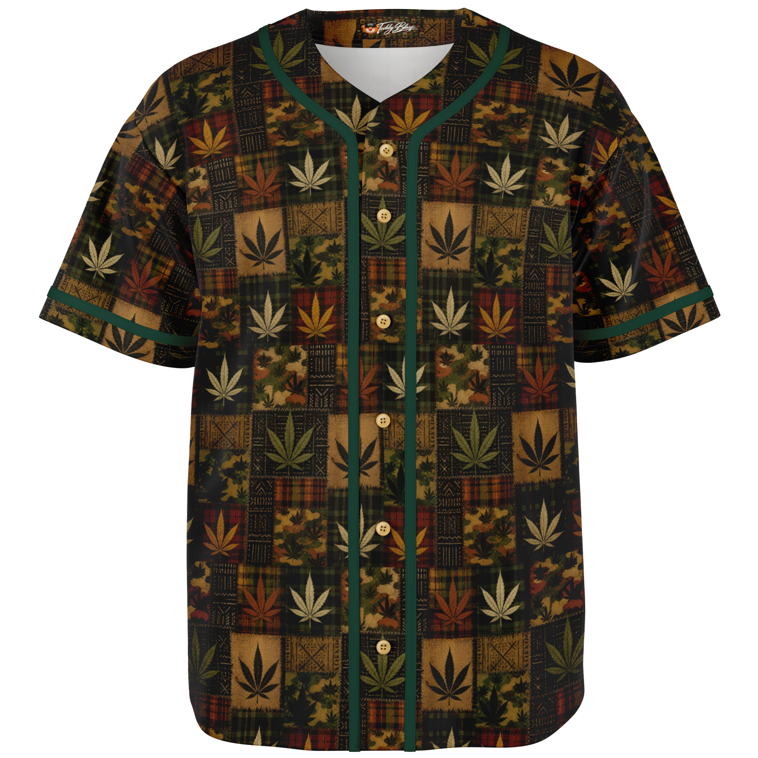 Shop the Teddy Blaze Patchwork Kush Baseball Jersey with cannabis botanicals, tartan, camo and mudcloth-inspired patchwork in breathable 230gsm knit.