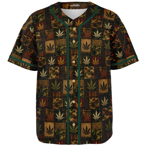 Shop the Teddy Blaze Patchwork Kush Baseball Jersey with cannabis botanicals, tartan, camo and mudcloth-inspired patchwork in breathable 230gsm knit.