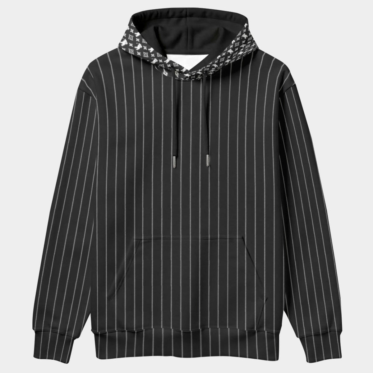 Shop the Iron + Ivy Pinstripe Cachet Pullover Hoodie by Teddy Blaze. High-tech scuba stretch hoodie in executive black pinstripe with contrast RIG-B monogram hood.
