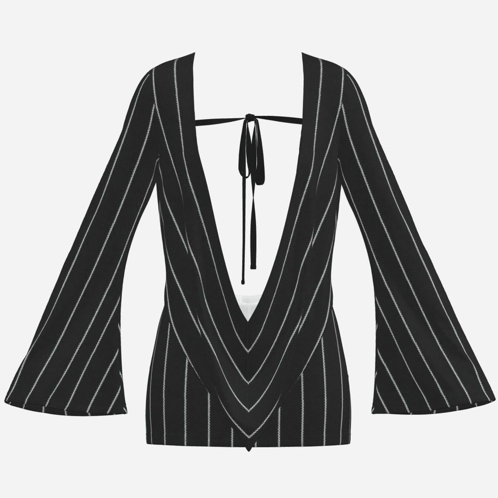 A dramatic pinstriped mini dress with a plunging V-neck, open back, flared long sleeves and curve-skimming fit. Teddy Blaze tailoring after dark.