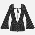 A dramatic pinstriped mini dress with a plunging V-neck, open back, flared long sleeves and curve-skimming fit. Teddy Blaze tailoring after dark.