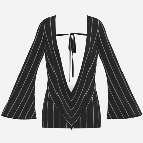 A dramatic pinstriped mini dress with a plunging V-neck, open back, flared long sleeves and curve-skimming fit. Teddy Blaze tailoring after dark.