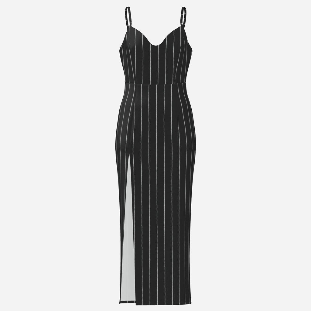 Shop the Pinstriped High Slit Cami Dress by Teddy Blaze. Lightweight micro-faille V-neck maxi dress with a thigh slit from THE IVY WOMAN collection.