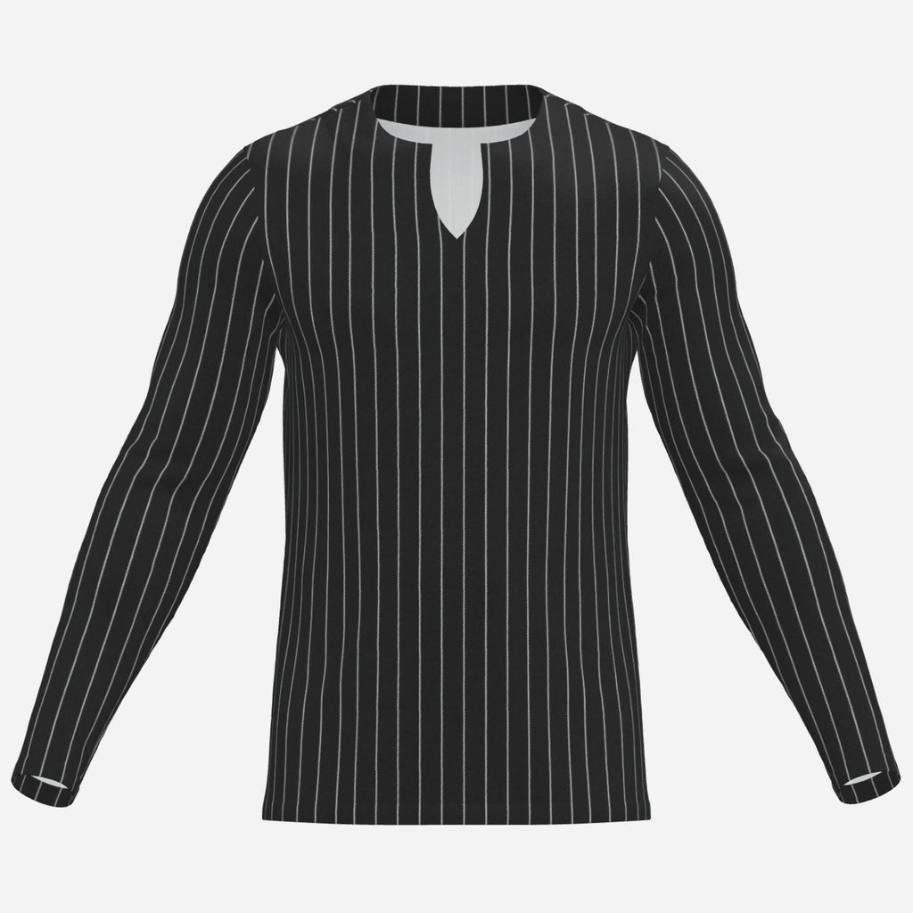 Shop the Men's Pinstriped Notch Neck Jumper by Teddy Blaze. Long-sleeve breathable mesh top featuring crisp vertical pinstripes and a notch neckline.