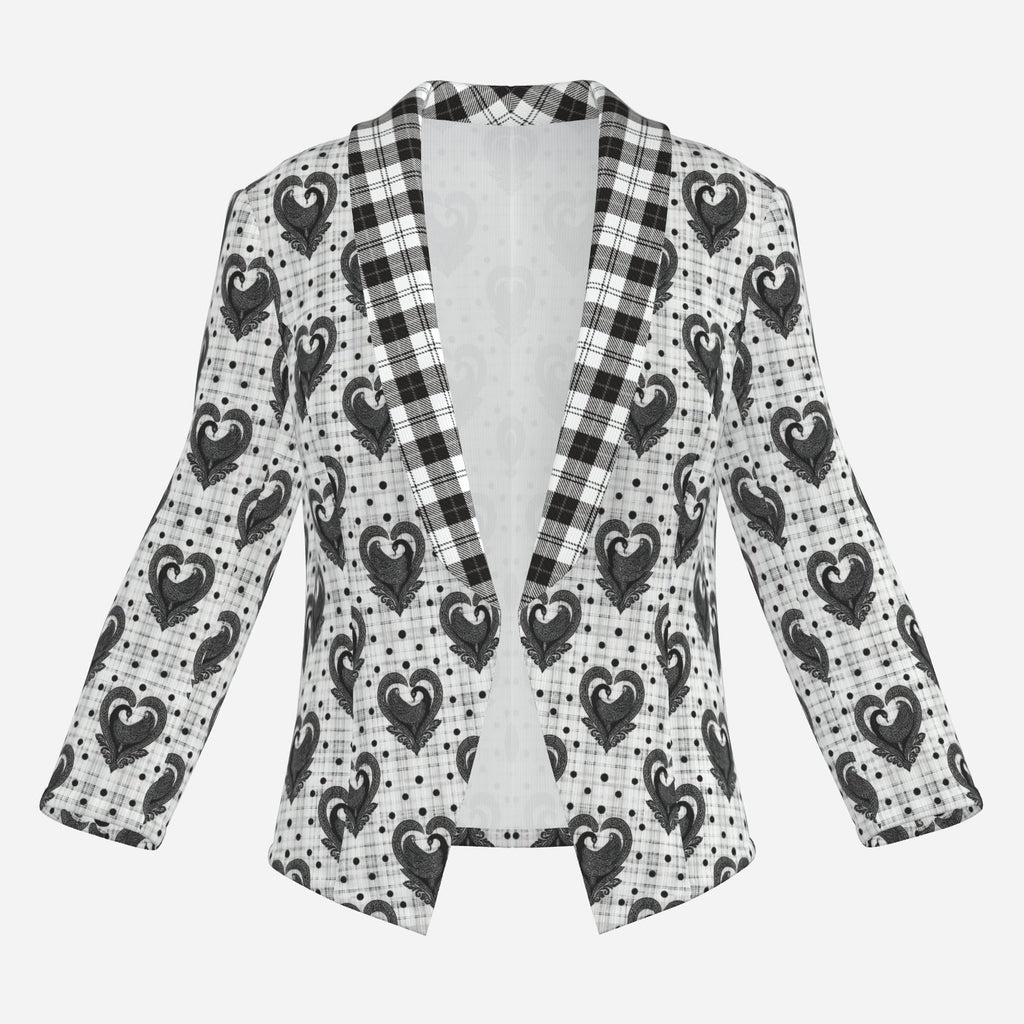Monochrome Teddy Blaze open blazer mixing plaid, polka dots and repeating Sankofa hearts in structured 230 GSM Air Layer fabric. Sizes XXXS–2XL.