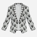 Monochrome Teddy Blaze open blazer mixing plaid, polka dots and repeating Sankofa hearts in structured 230 GSM Air Layer fabric. Sizes XXXS–2XL.