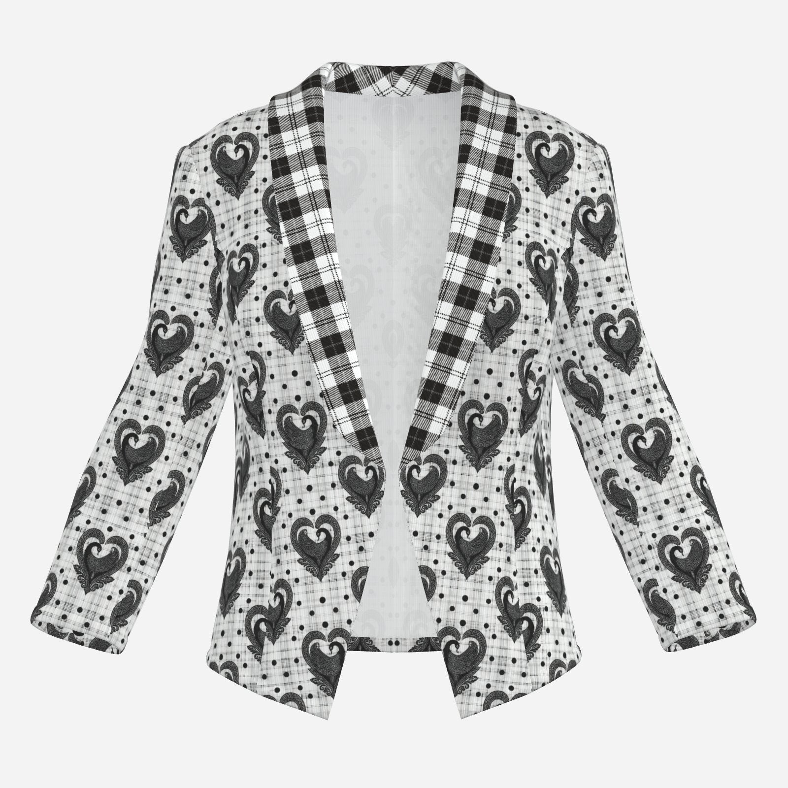 Monochrome Teddy Blaze open blazer mixing plaid, polka dots and repeating Sankofa hearts in structured 230 GSM Air Layer fabric. Sizes XXXS–2XL.