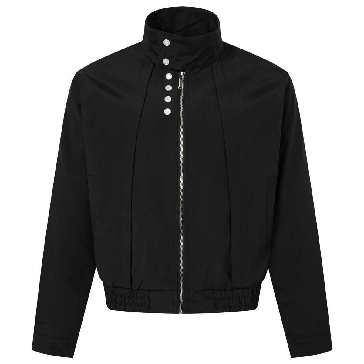 Shop the Iron + Ivy Pleated Asymmetric Snap Funnel Jacket by Teddy Blaze. Men’s urban woven jacket featuring front vertical pleats, asymmetrical pearl snaps, and a high stand collar.