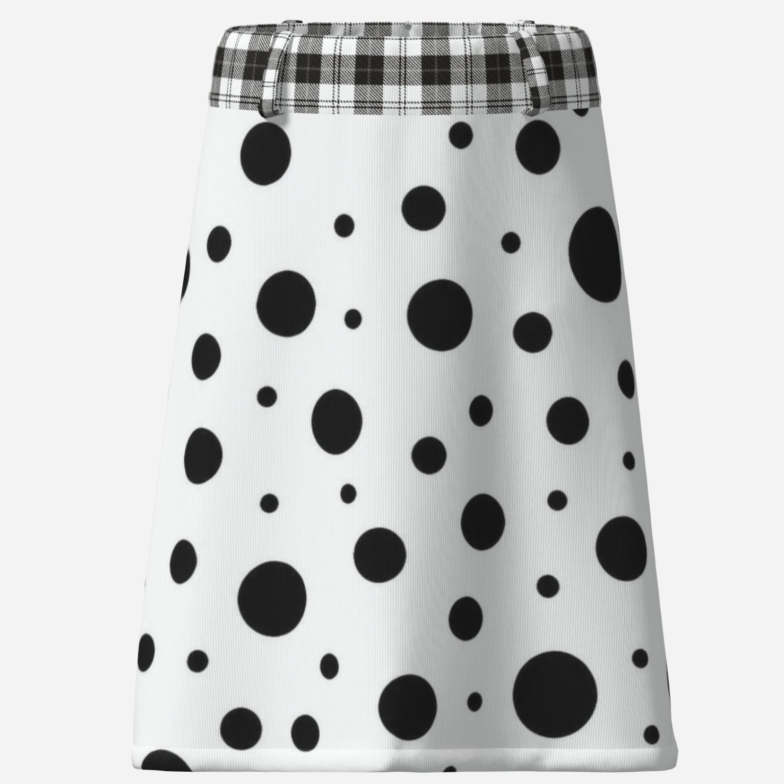Shop the Teddy Blaze Polka Plaid A-Line Skirt, a black-and-white Afrodemia Americana design mixing bold polka dots, plaid and Black Ivy style.