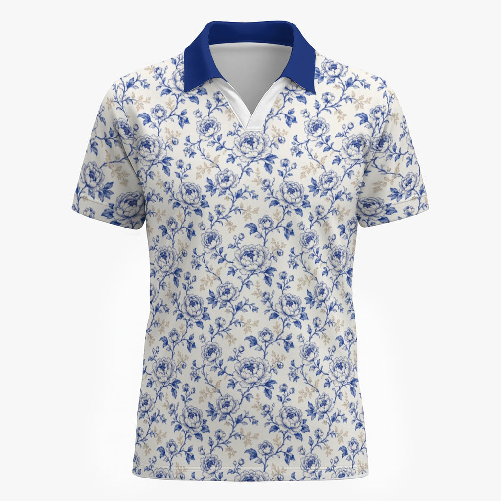 Shop the Porcelain Peonies Golf Shirt by Teddy Blaze. 200 GSM Birdseye performance poly polo featuring cobalt blue floral porcelain artwork from TOPS.