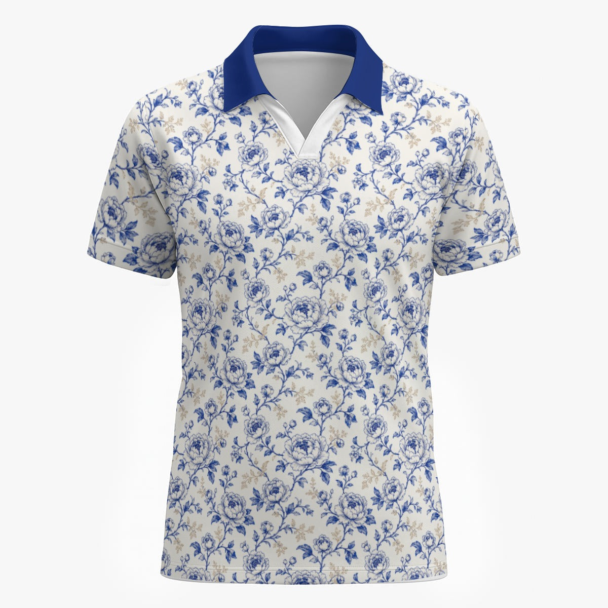 Shop the Porcelain Peonies Golf Shirt by Teddy Blaze. 200 GSM Birdseye performance poly polo featuring cobalt blue floral porcelain artwork from TOPS.