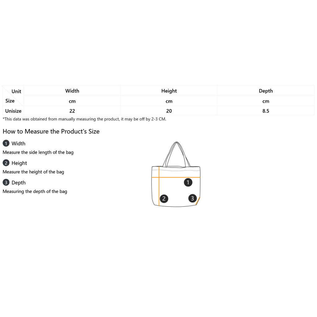 A size measurement chart and diagram for a tote bag, showing a width, height, and depth table with measurements for unisex size 22 and 20. It includes a small illustrated tote bag with numbered measurement areas and a brief 'How to Measure' guide.