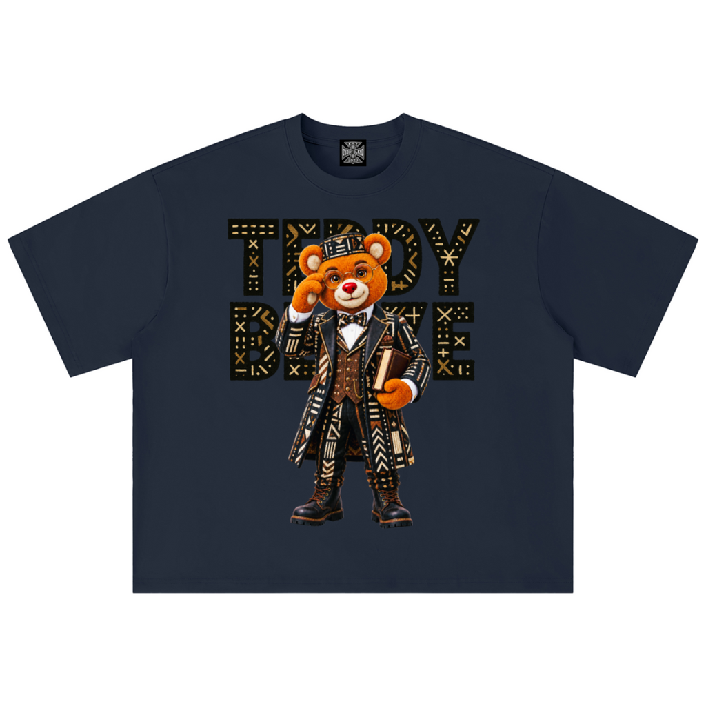 Meet Professor Bearatoo in this Teddy Blaze boxy oversized tee, combining Afrodemia Americana, Black Ivy style and African-inspired graphic design.