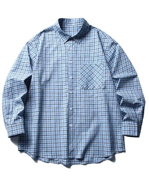 Shop the Iron + Ivy Retro Slate Blue Plaid Loose Shirt by Teddy Blaze. Men’s loose-fit cotton blend woven button-down in slate blue and navy retro check with a bias-cut chest pocket.