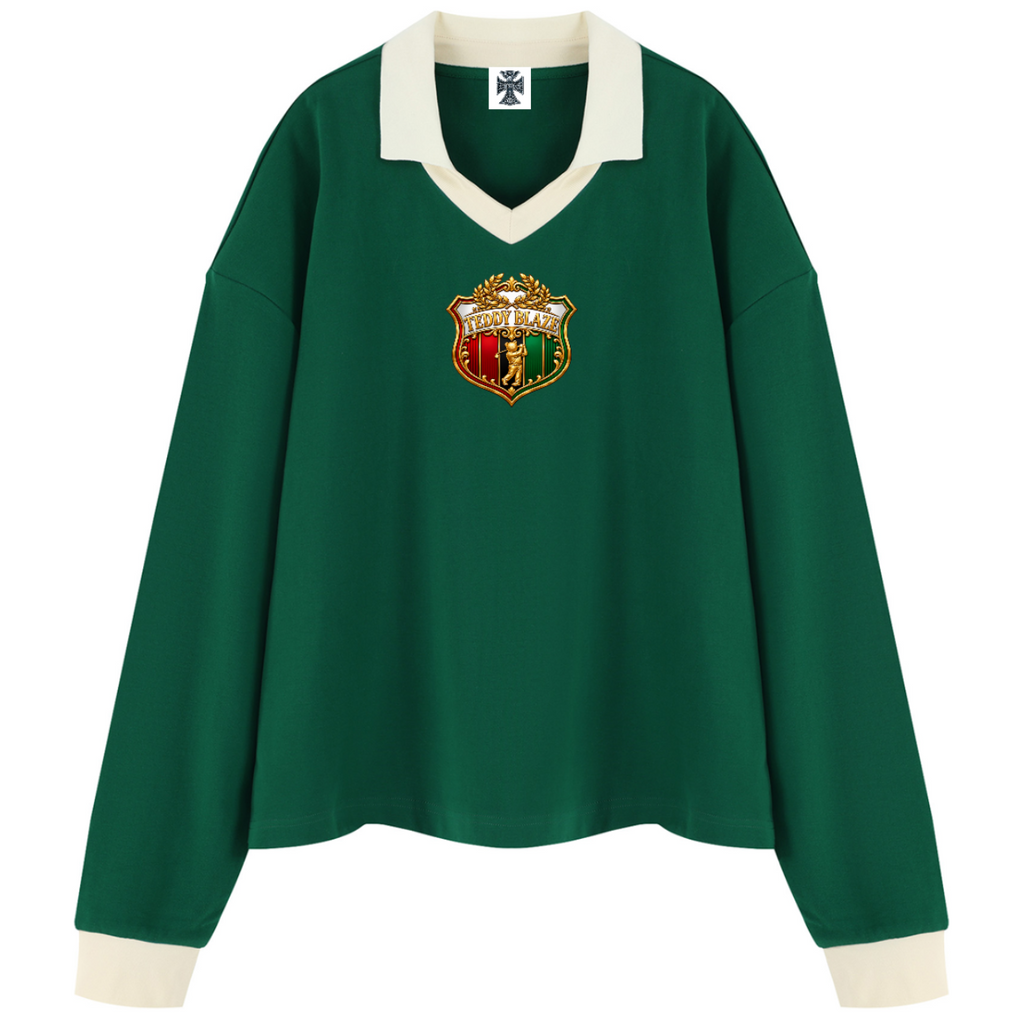 Shop the Iron + Ivy RIGBY Contrast Trim Long Golf Shirt by Teddy Blaze. Heavyweight 320 GSM forest green cotton-poly polo sweatshirt featuring ivory contrast trim and the RIGBY bear crest.