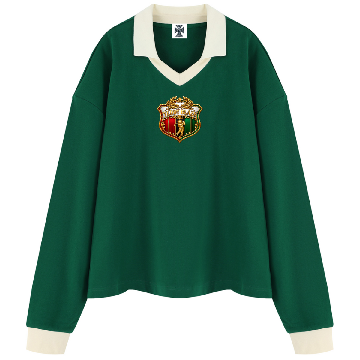 Shop the Iron + Ivy RIGBY Contrast Trim Long Golf Shirt by Teddy Blaze. Heavyweight 320 GSM forest green cotton-poly polo sweatshirt featuring ivory contrast trim and the RIGBY bear crest.