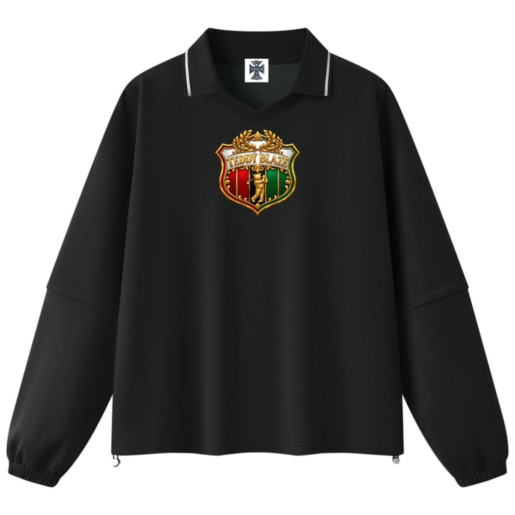 Shop the Iron + Ivy RIGBY Crest Detachable Sleeve Long Golf Shirt by Teddy Blaze. Premium 380 GSM convertible golf pullover featuring the metallic RIGBY bear crest and zip-off convertible sleeves.