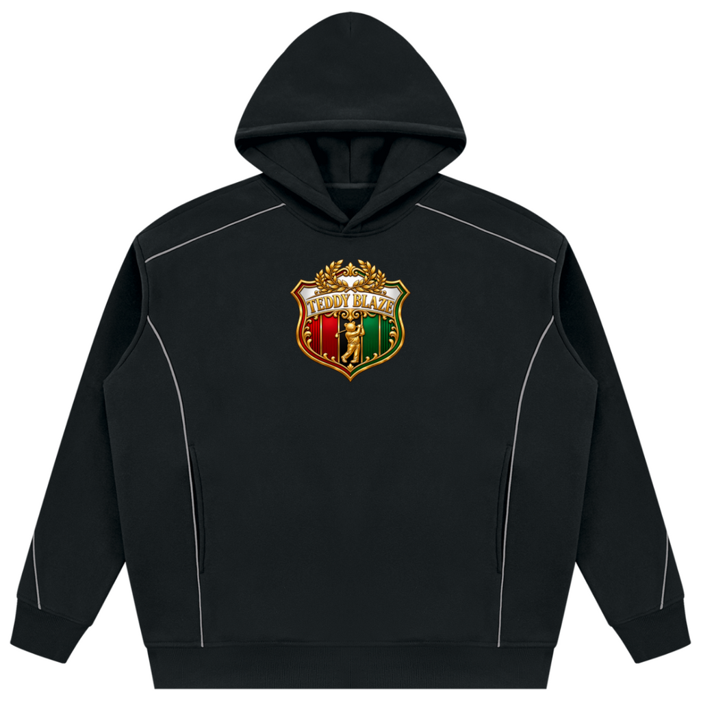 Shop the Iron + Ivy RIGBY Piped Detail Fleece Pullover Hoodie by Teddy Blaze. Heavyweight 345 GSM black fleece hoodie featuring reflective white piping and the RIGBY bear crest.