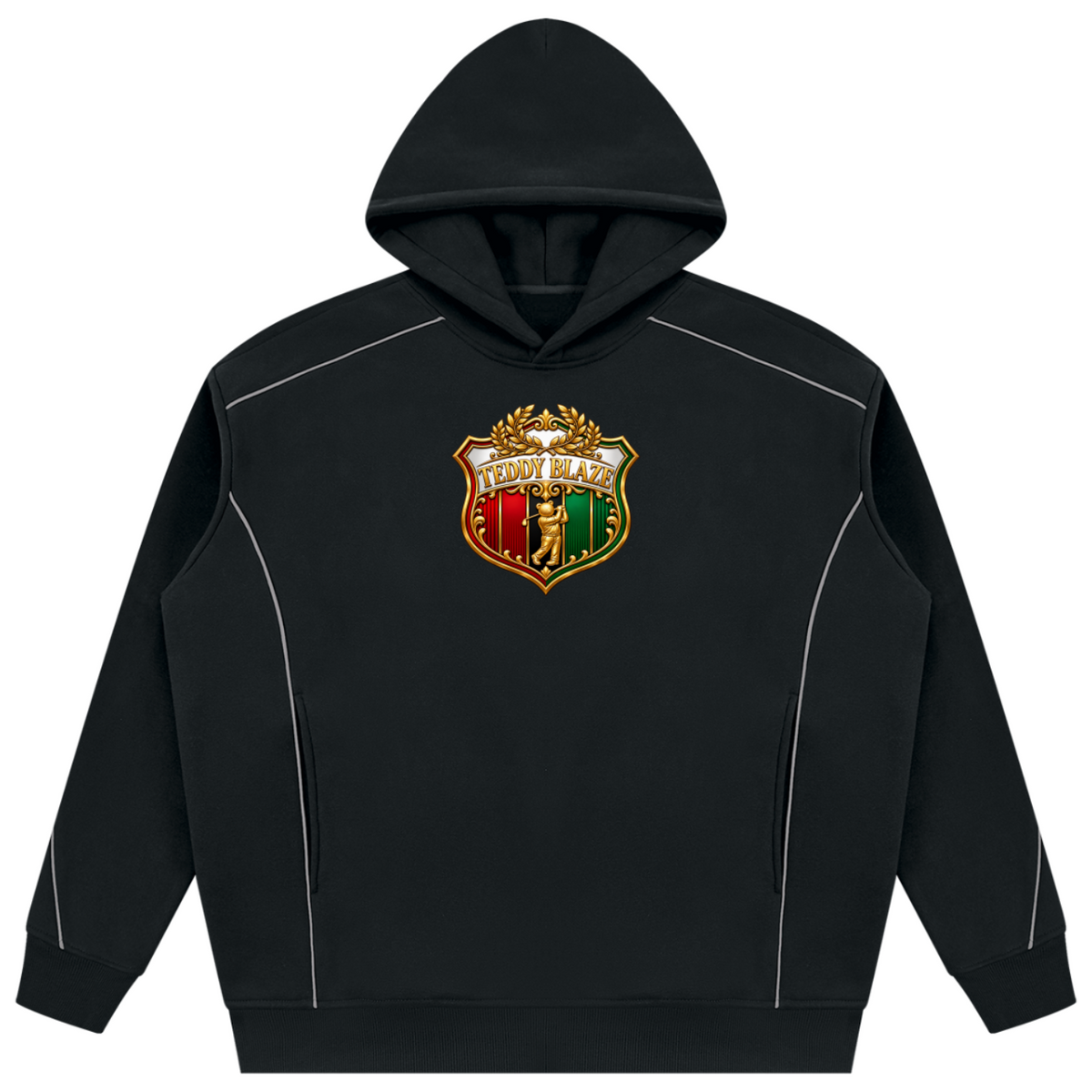 Shop the Iron + Ivy RIGBY Piped Detail Fleece Pullover Hoodie by Teddy Blaze. Heavyweight 345 GSM black fleece hoodie featuring reflective white piping and the RIGBY bear crest.